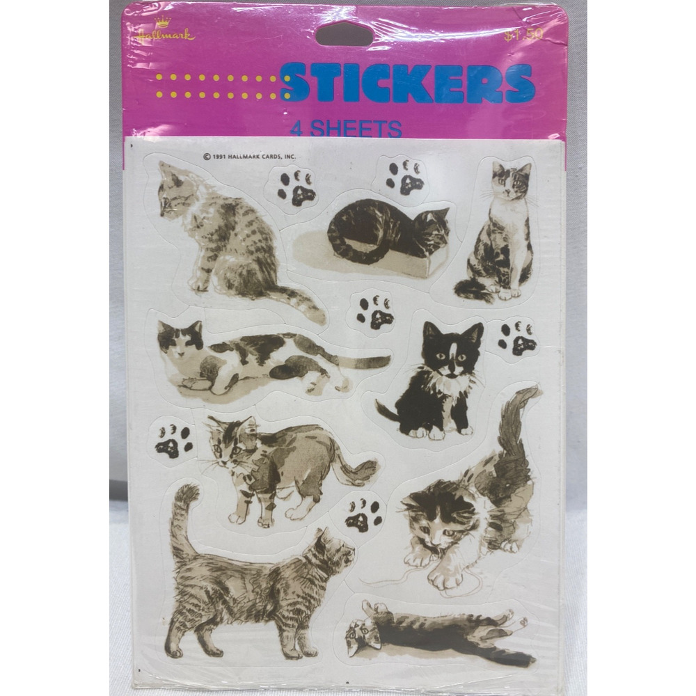 New Sealed Vintage Hallmark Kitty Cat Pet Stickers 4 Sheets 1991 Sealed